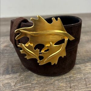 Mark Hanes Fine Line Genuine Leather Suede Belt Brown Gold Leaf Buckle Size M